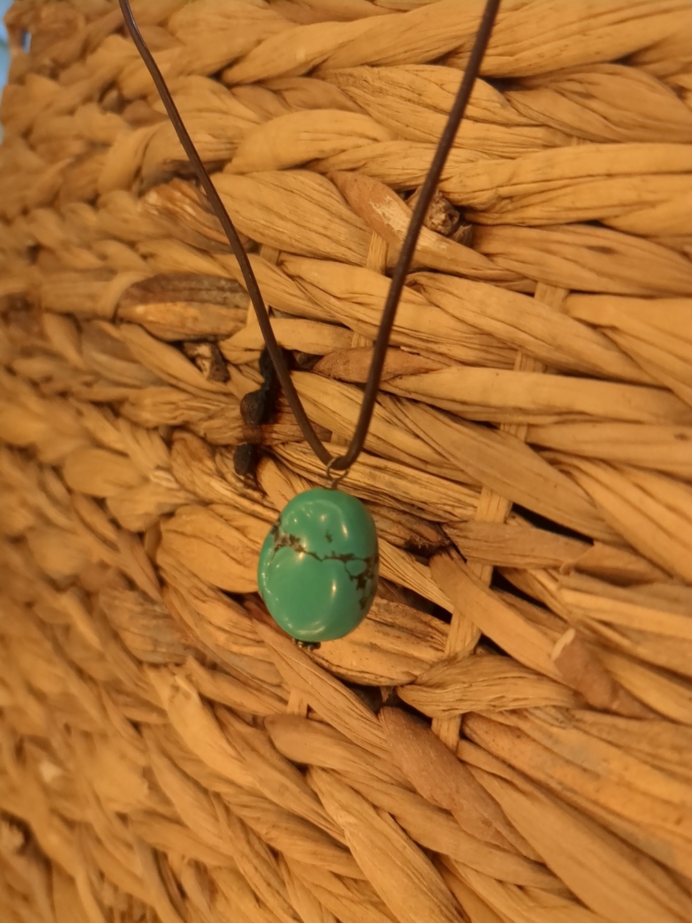 Peyote Bird Turquoise Pendant Silver  Necklace on Brown Cord - Women Jewelry